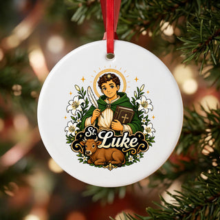 St. Luke the Evangelist Ceramic Ornament hanging on a Christmas tree