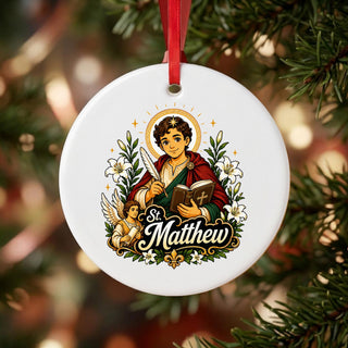 St. Matthew the Apostle Ceramic Ornament hanging on a Christmas tree