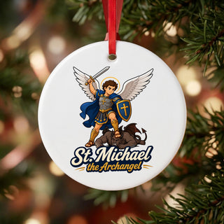 St. Michael the Archangel Ceramic Ornament hanging on a Christmas tree