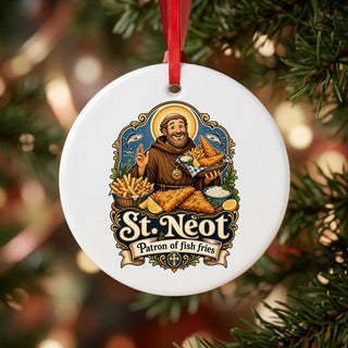 St. Neot Fish Fry Ceramic Ornament hanging on a Christmas tree