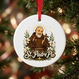 St. Padre Pio Ceramic Ornament hanging on a Christmas tree