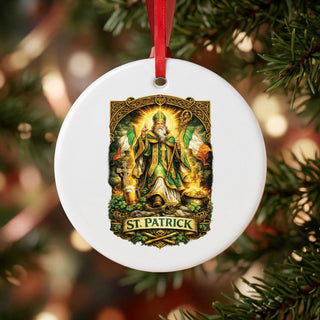 St. Patrick Ceramic Ornament hanging on a Christmas tree
