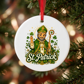 St. Patrick Ceramic Ornament hanging on a Christmas tree