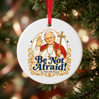 St. John Paul II 'Be Not Afraid' Ceramic Ornament hanging on a Christmas tree