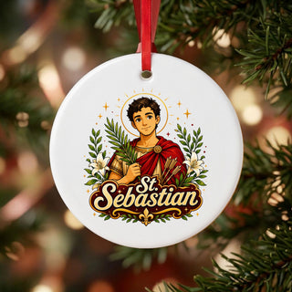 St. Sebastian Ceramic Ornament hanging on a Christmas tree