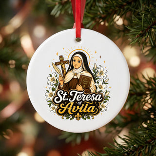 St. Teresa of Avila Ceramic Ornament hanging on a Christmas tree