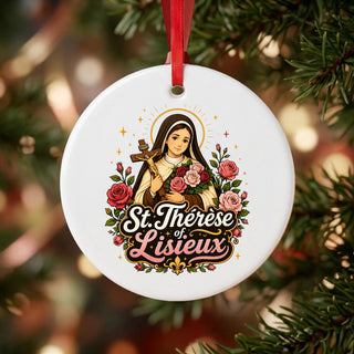 St. Thérèse of Lisieux Ceramic Ornament hanging on a Christmas tree