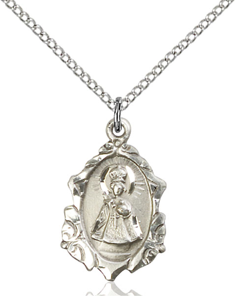 18-Inch Rhodium Plated Necklace with 6mm Faux-Pearl Beads and Sterling Silver Saint Agnes of Rome Charm.