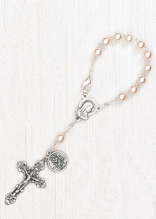 Silver Plate Rosary Bracelet features 6mm Amethyst Fire Polished beads Julia Billiart medal. The Crucifix measures 5/8 x 1/4 The charm features a St