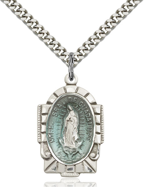 Sterling Silver Our Lady of Guadalupe Blue Epoxy Pendan