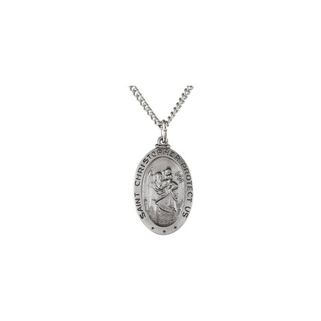 18-Inch Rhodium Plated Necklace with 6mm Sterling Silver Beads and Sterling Silver Saint Hannibal Charm.