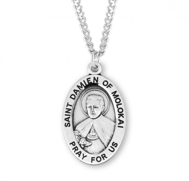 Sterling Silver Oval Shaped St. Damien of Molokai Medal 