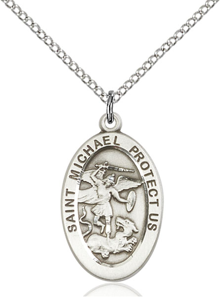 18-Inch Rhodium Plated Necklace with 6mm Sterling Silver Beads and Sterling Silver Saint Michael the Archangel Charm.