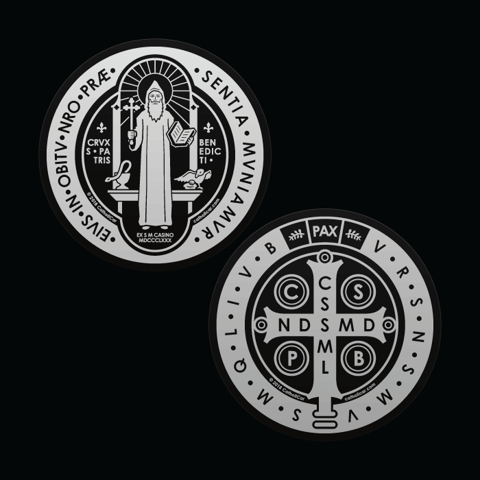 St. Benedict - Double Round Vinyl Transparent Silver Decal 