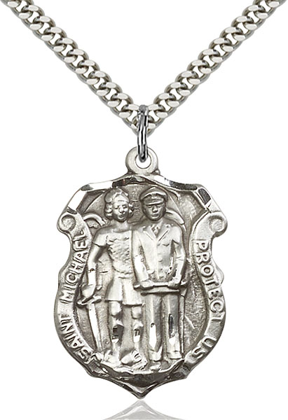 18-Inch Rhodium Plated Necklace with 6mm Sterling Silver Beads and Sterling Silver Saint Michael the Archangel Charm.