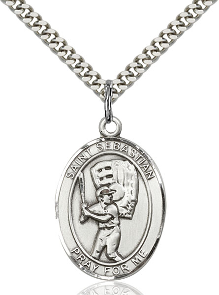 18-Inch Rhodium Plated Necklace with 4mm Sterling Silver Beads and Sterling Silver Saint Dunstan Charm.
