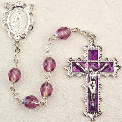 St Bernadette Silver Plate Rosary Bracelet 6mm June Light Purple Fire Polished Beads Crucifix Size 5/8 x 1/4 medal charm