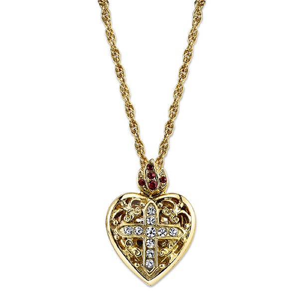 14K Gold-Dipped Crystal Heart Cross Locket Necklace 18