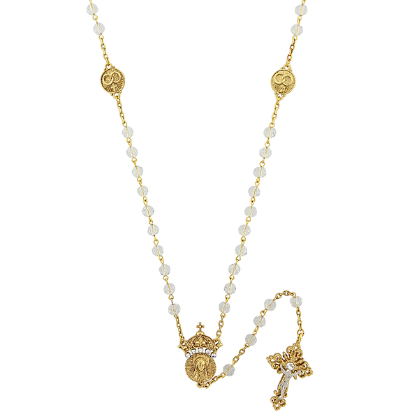 14K Gold-Dipped Crystal Two Rings and Cross Medallion Wedding Rosary 20