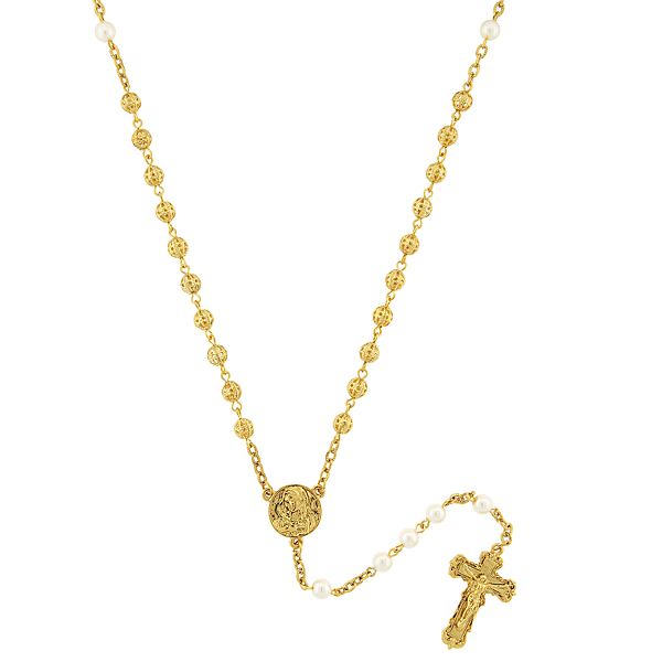 14K Gold-Dipped Simulated Pearl Filigree Beaded Rosary