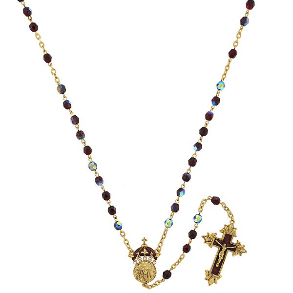 14K Gold-Tone Garnet Color AB Bead and Enamel "King of Kings" Rosary