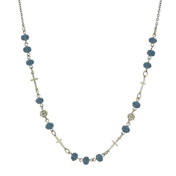 Silver-Tone Blue Bead Cross Necklace 16" Adjustable