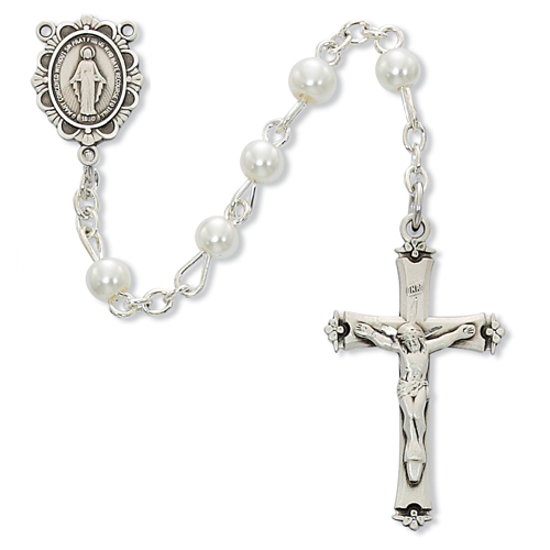 18-Inch Rhodium Plated Necklace with 6mm Faux-Pearl Beads and Sterling Silver Saint Victor of Marseilles Charm.