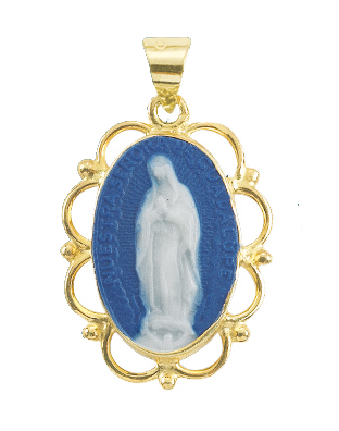 1" Gold Over Sterling Dark Blue Our Lady of Guadalupe Cameo with 18" Chain