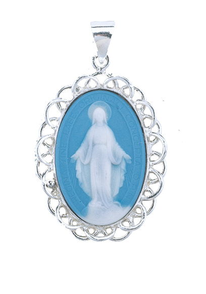 1-3/4" Sterling Silver Light Blue Miraculous Cameo with 24" Chain
