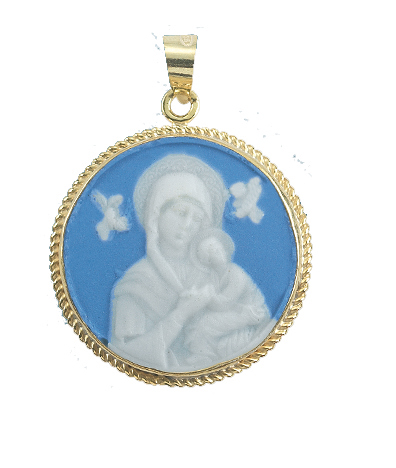 1" Sterling Silver Light Blue Our Lady of Perpetual Help Cameo with 20" Chain