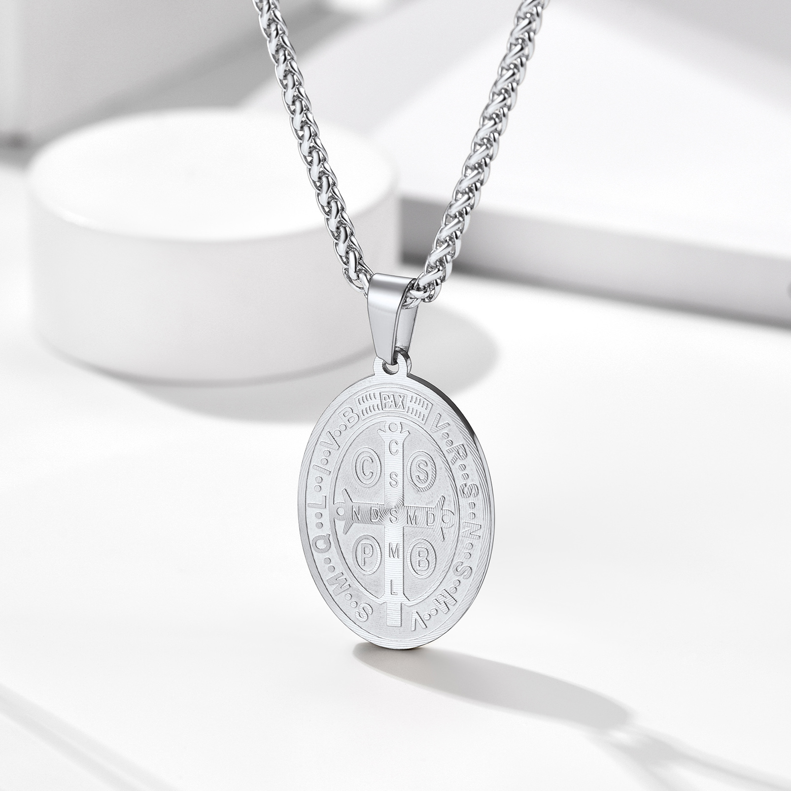Stainless Steel Oval St. Benedict Medal Necklace
