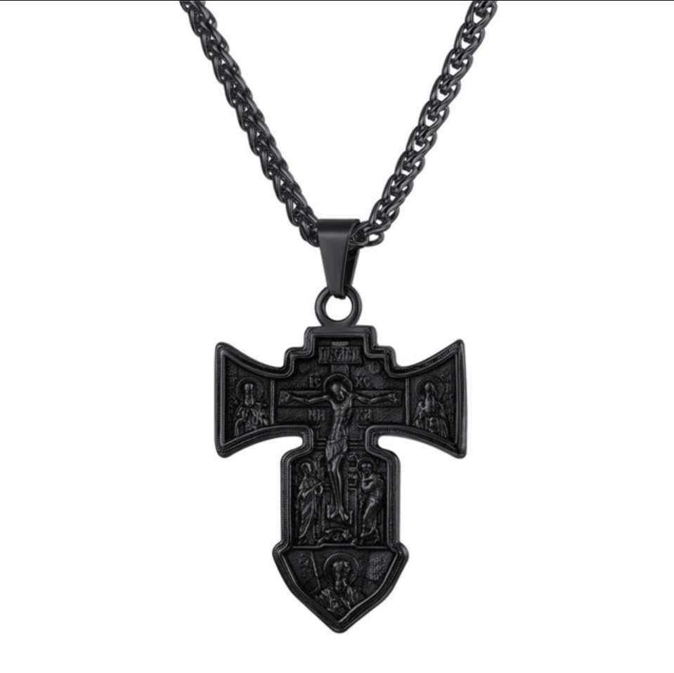 Gunmetal-Plated Orthodox Cross Necklace