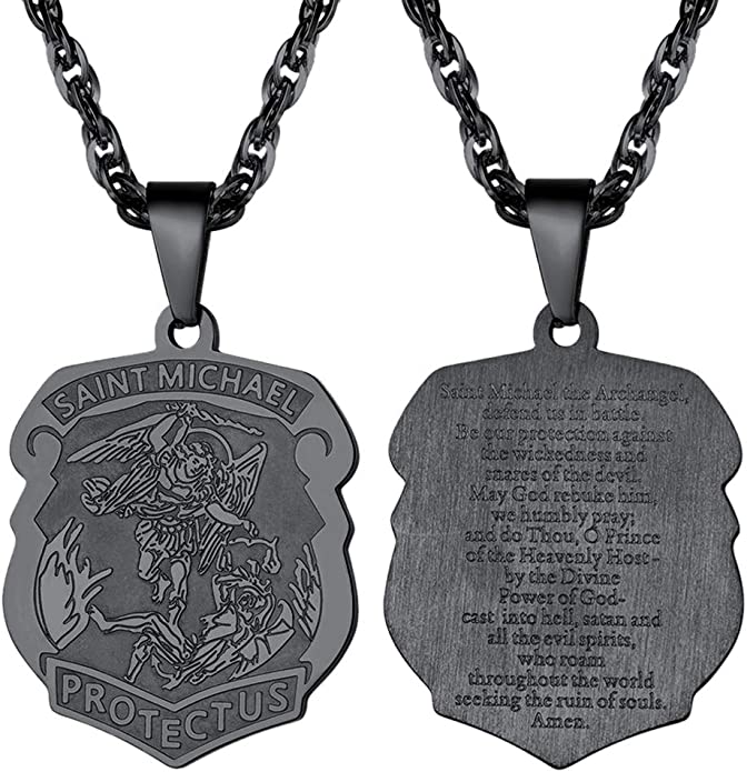Gunmetal-Plated St. Michael the Archangel Badge Necklace