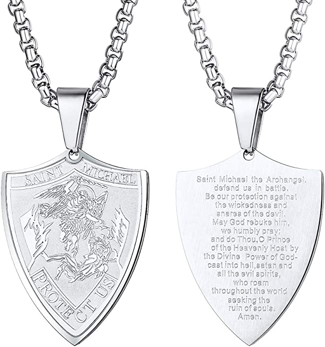 Stainless Steel St. Michael the Archangel Shield Necklace