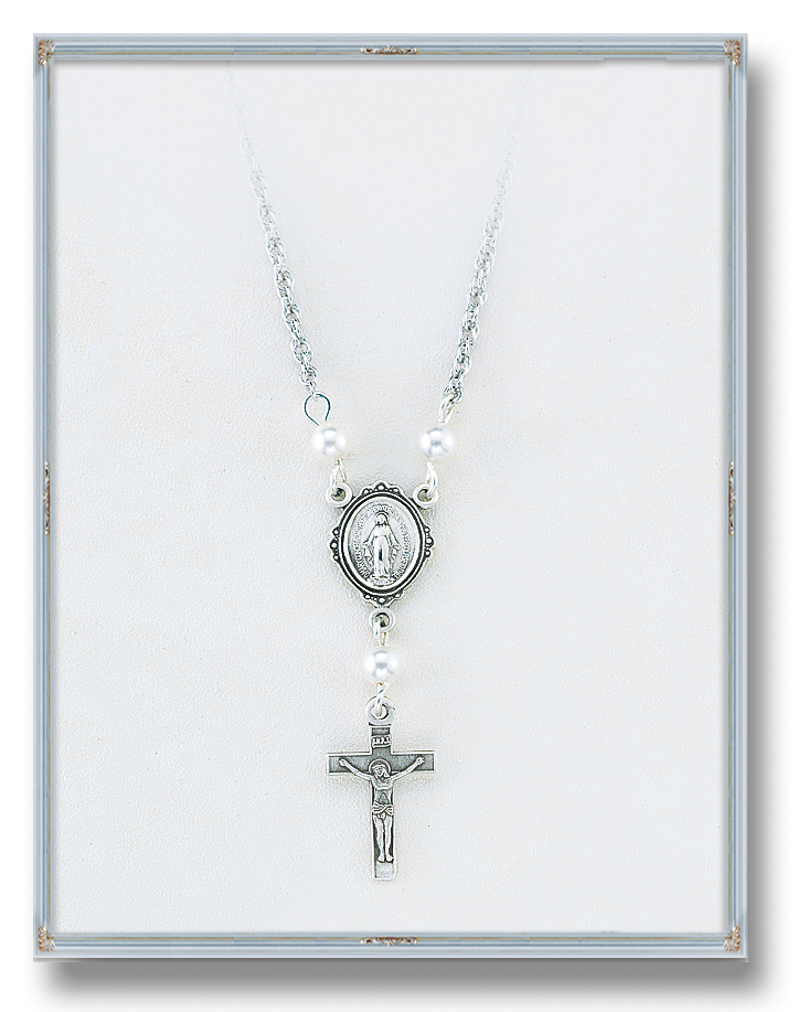 18-Inch Rhodium Plated Necklace with 4mm Sapphire Birthstone Beads and Sterling Silver Saint Columbkille Charm. 