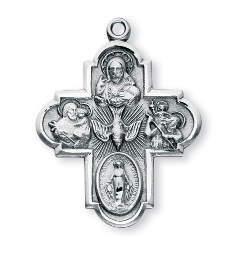 1 1/8 Inch HMHReligiousMfg Sterling Silver Four Way Medal Cross with Flower Center