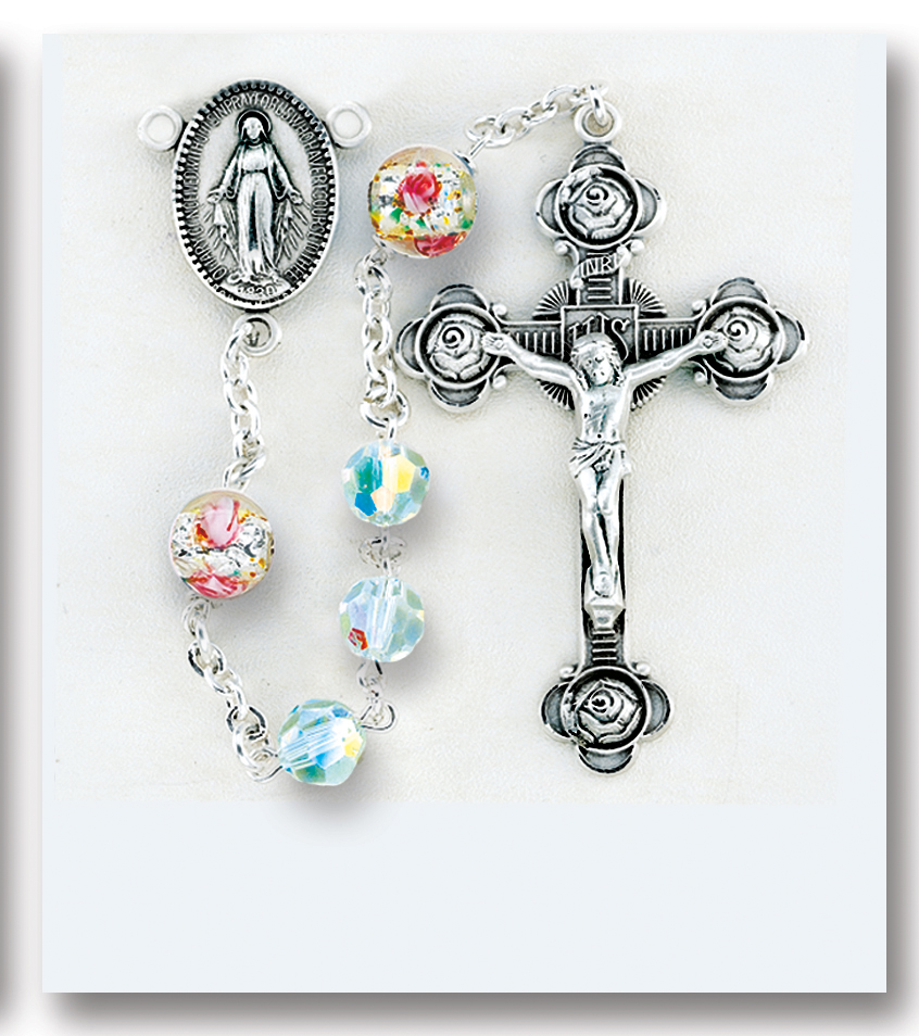 and 1 5/8 x 1 inch Crucifix Gift Boxed San Juan de la Cruz Center Silver Finish San Juan de la Cruz Rosary with 6mm Saphire Color Fire Polished Beads