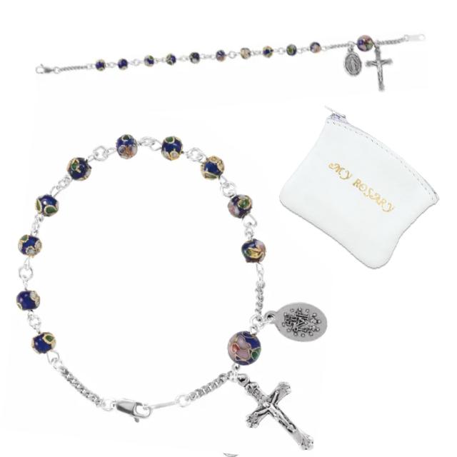 Bonyak Jewelry 18 Inch Rhodium Plated Necklace w/ 4mm Blue September Birth Month Stone Beads and Saint Pio of Pietrelcina Charm 