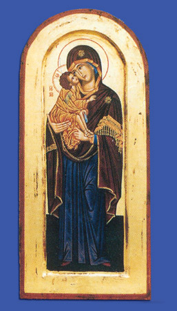 16" x 8" Hand Painted Arched and Gold Leaf Icon of Lady of Vladimir