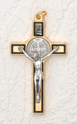 3 inch St Benedict Cross- Gold/Black Cross with Silver Corpus