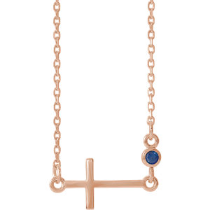 14K Rose Blue Sapphire Sideways Accented Cross 16-18" Necklace