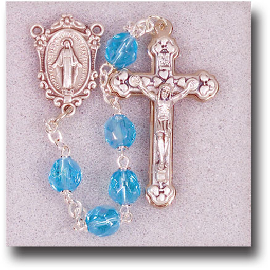 7MM Aqua Crystal Aurora Borealis Rosary with Deluxe Center and Crucifix