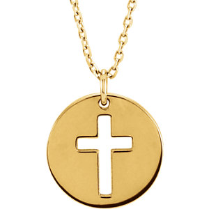 14K Gold Pierced Cross Disc 16-18" Necklace
