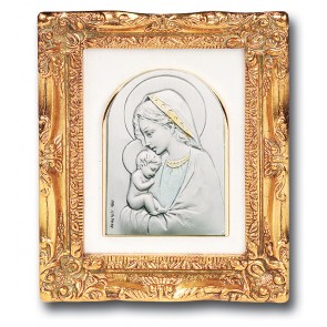 Antique Gold leaf Resin Frame with Sterling Silver Blessed Mother and Child Image