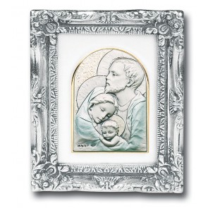 Antique Silver leaf Resin Frame with Sterling Silver Holy Family Bust Image