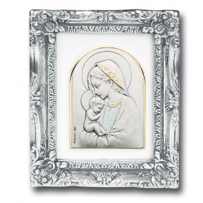 Antique Silver leaf Resin Frame with Sterling Silver Blessed Mother and Child Image