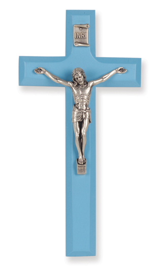 7" Blue Wood Cross With Silver Corpus
