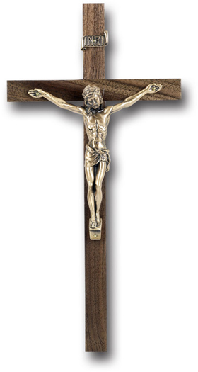 10" Walnut Wood Cross With Museum Gold Corpus