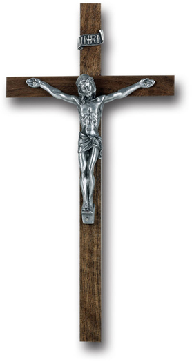 10" Walnut Wood Cross With Pewter Corpus