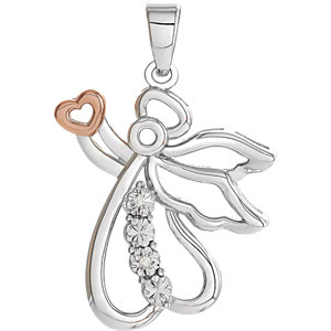 Sterling Silver & 14K Rose Gold Vermeil 24.9x16 MM Diamond Angel Pendant